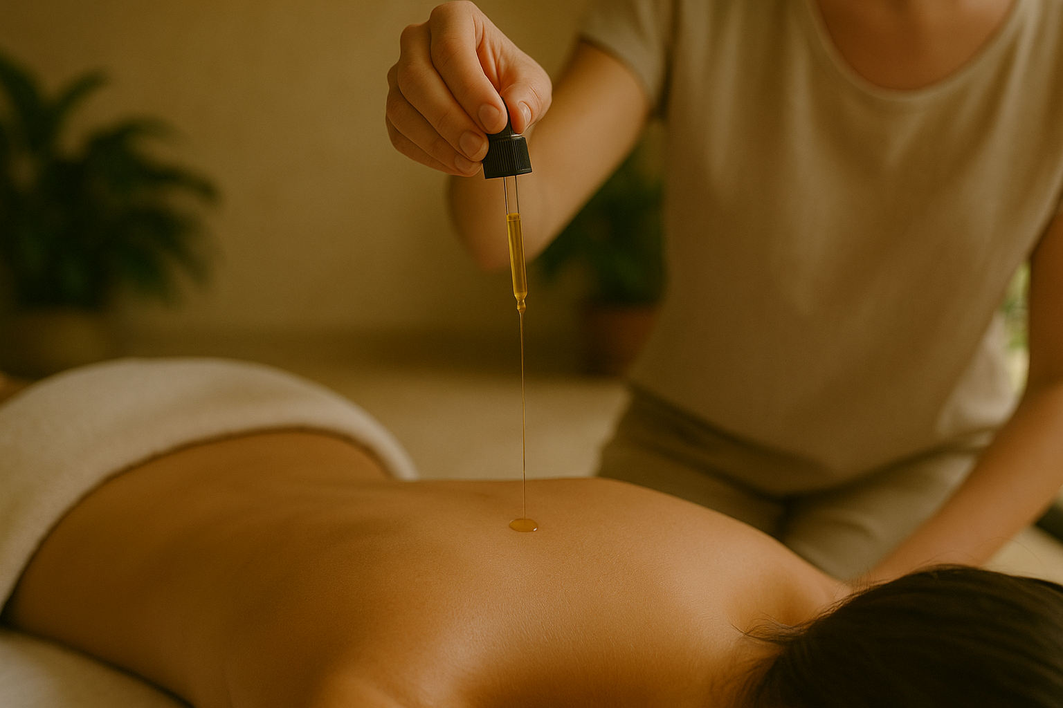 A close-up of a person lying face down at gold roots spa on a massage table while a therapist delicately drips golden oil onto their back in a warmly lit spa setting.