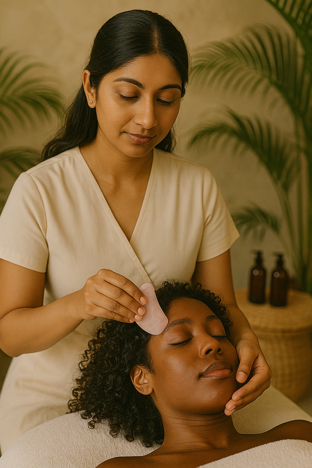 a woman with dark long hair holding the face of another woman who is lying down with one hand and running a gua sha over her cheek with the other hand