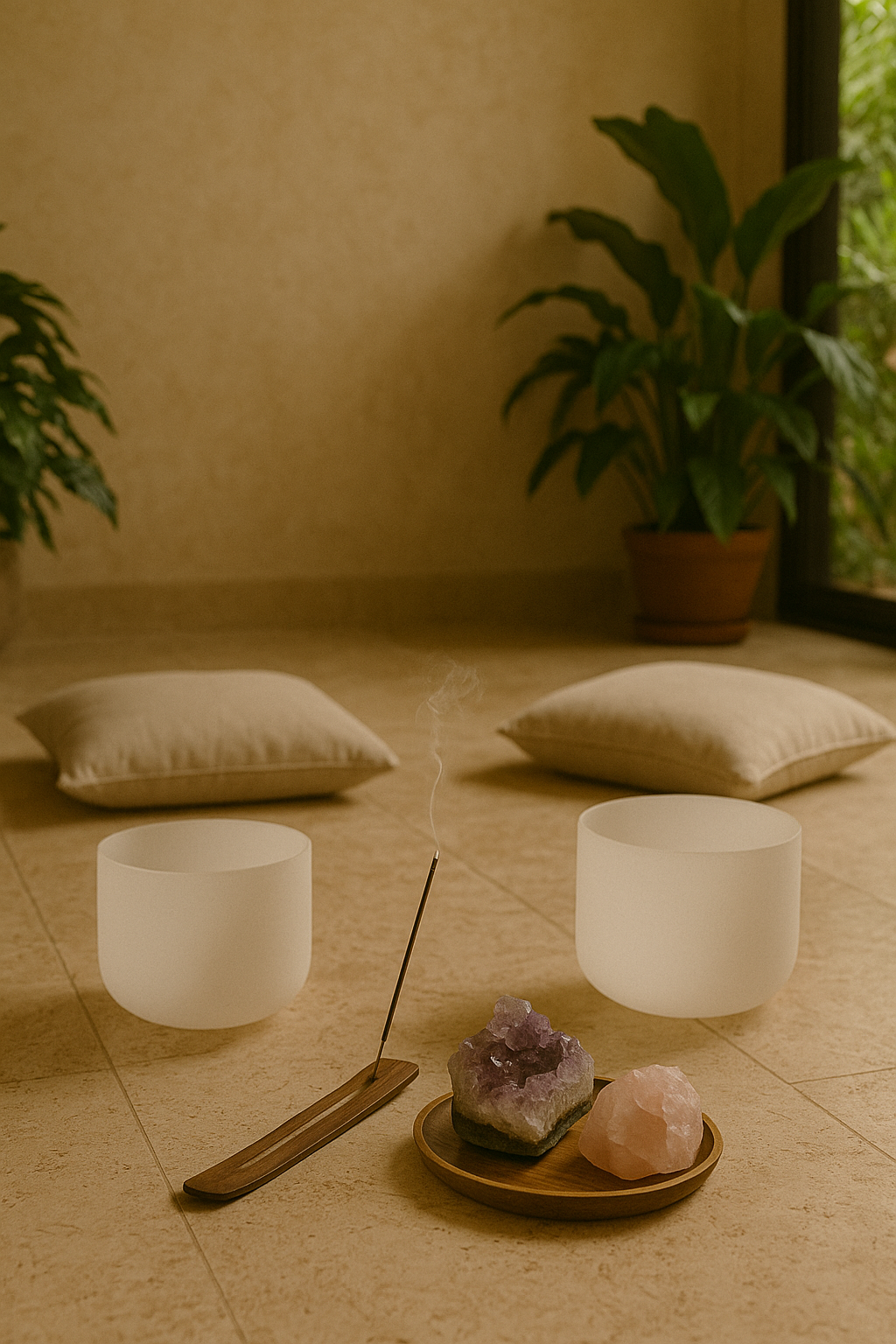 A meditation corner in gold roots spa featuring crystal singing bowls, a lit incense stick, amethyst and rose quartz crystals, and soft floor cushions on a beige tile floor with potted plants in the background.