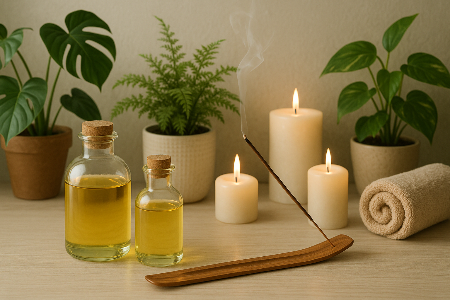 A serene spa scene with bottles of body oils, lit candles, burning incense, and lush green plants, all arranged on a warm-toned wooden surface against a soothing background.
