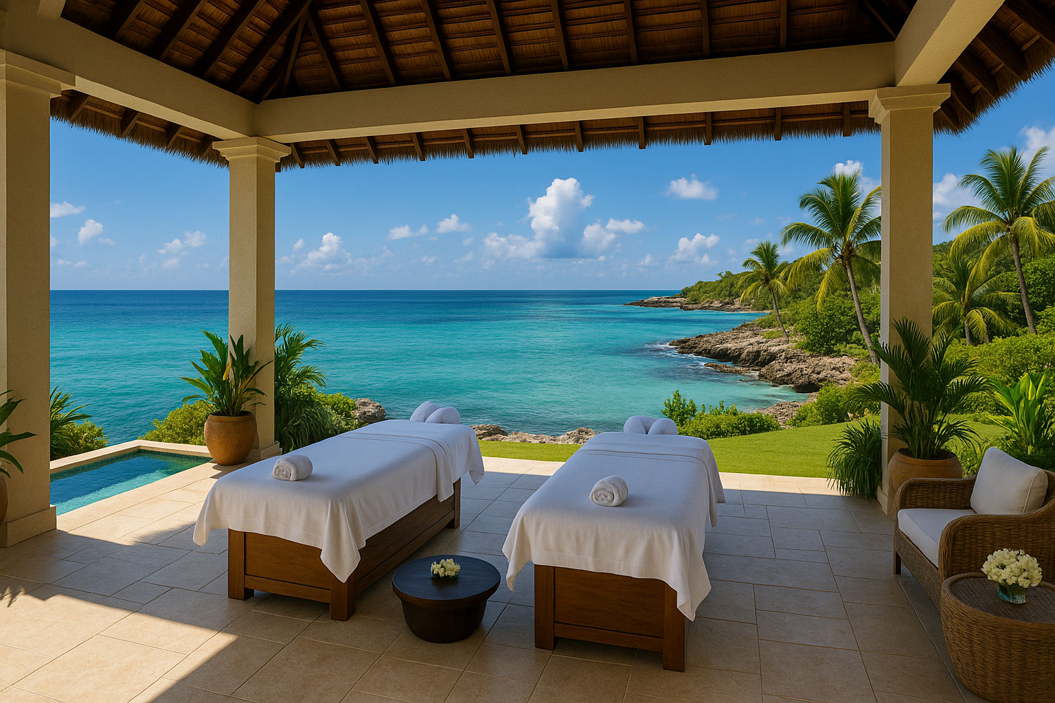 A luxurious open-air spa on the coast of Jamaica, featuring infinity pools, palm trees, and elegant cabanas overlooking turquoise ocean waters under a clear blue sky.