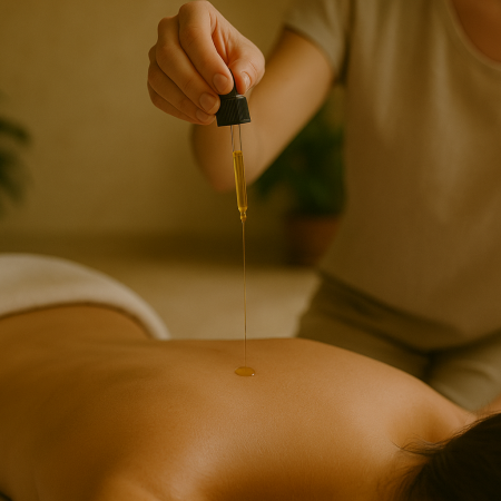 A close-up of a person lying face down at gold roots spa on a massage table while a therapist delicately drips golden oil onto their back in a warmly lit spa setting.
