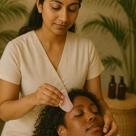 a woman with dark long hair holding the face of another woman who is lying down with one hand and running a gua sha over her cheek with the other hand
