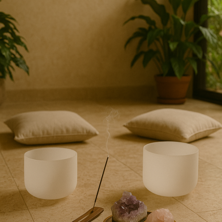 A meditation corner in gold roots spa featuring crystal singing bowls, a lit incense stick, amethyst and rose quartz crystals, and soft floor cushions on a beige tile floor with potted plants in the background.