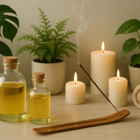 A serene spa scene with bottles of body oils, lit candles, burning incense, and lush green plants, all arranged on a warm-toned wooden surface against a soothing background.