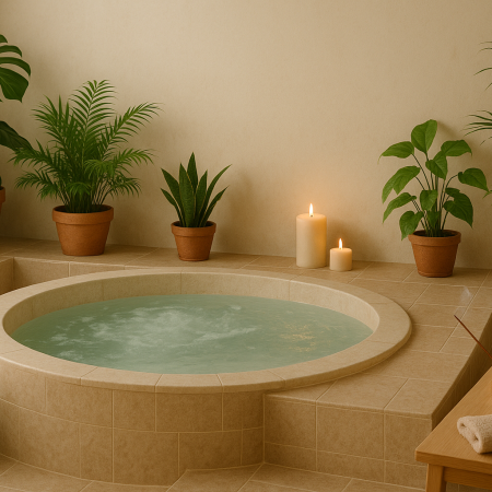 A tranquil spa treatment room at gold roots spa with a sunken hot plunge pool, surrounded by potted tropical plants, glowing candles, and gentle incense smoke creating a peaceful atmosphere.
