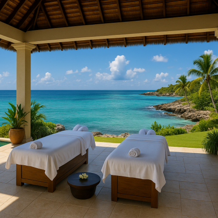 A luxurious open-air spa on the coast of Jamaica, featuring infinity pools, palm trees, and elegant cabanas overlooking turquoise ocean waters under a clear blue sky.